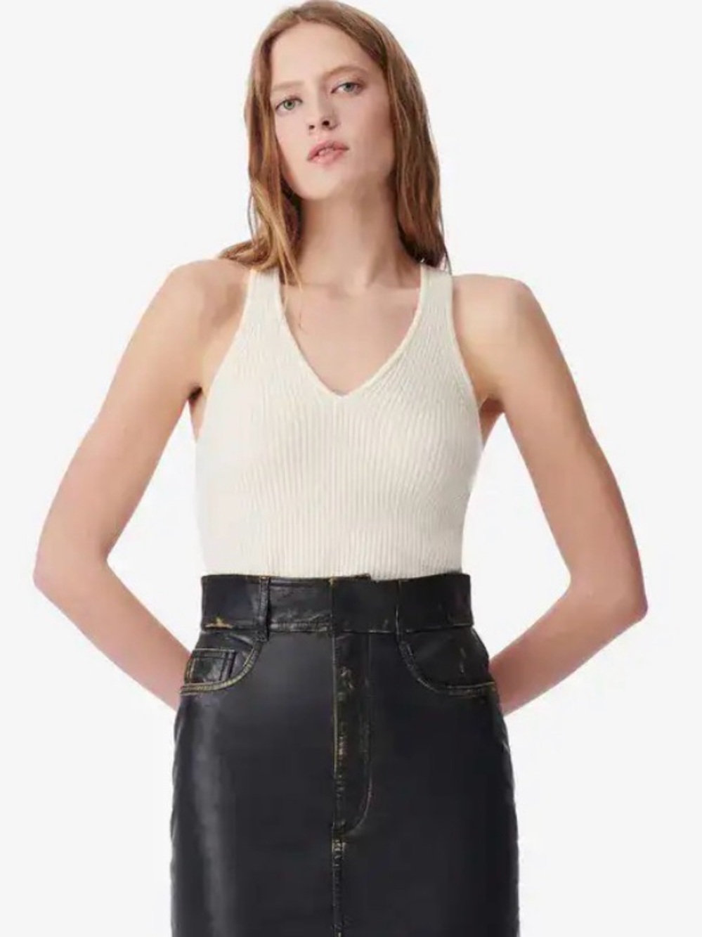 IRO PARIS DOLMA CASHMERE Cream Ribbed V-Neck Tank Top Small